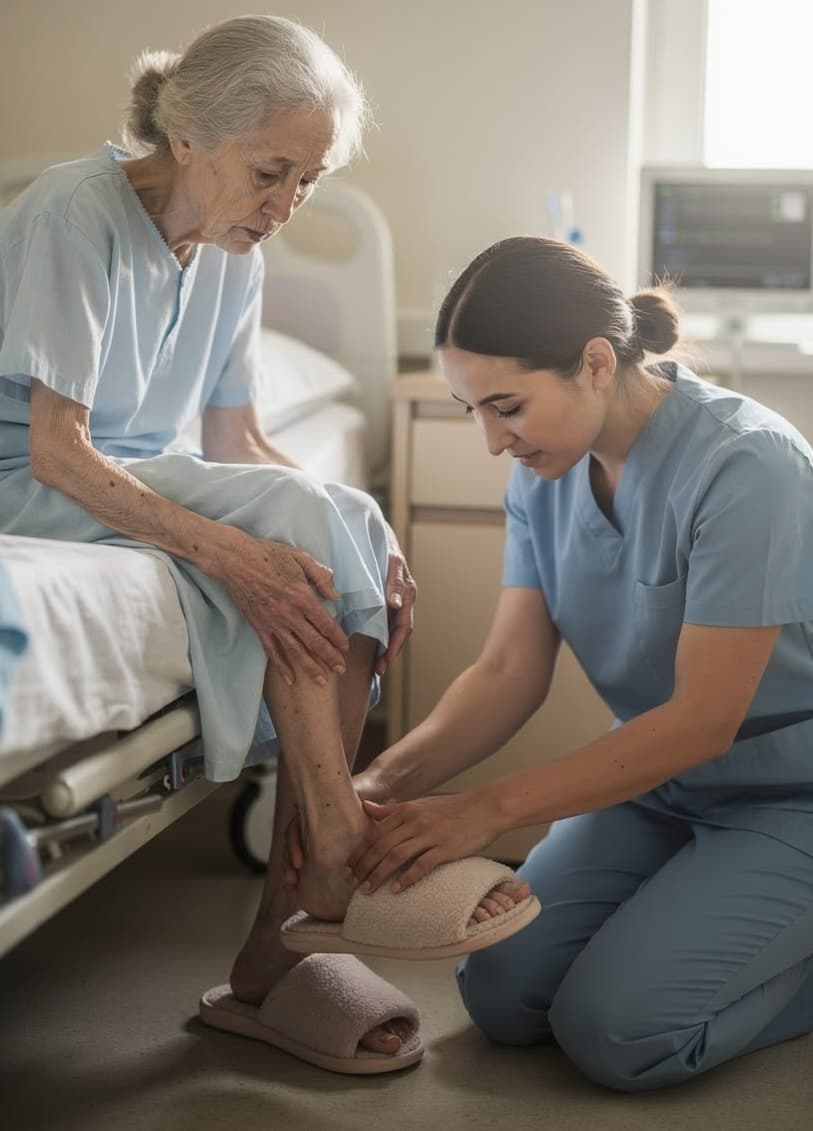 A caregiver checking blood pressure for an elderly woman at home