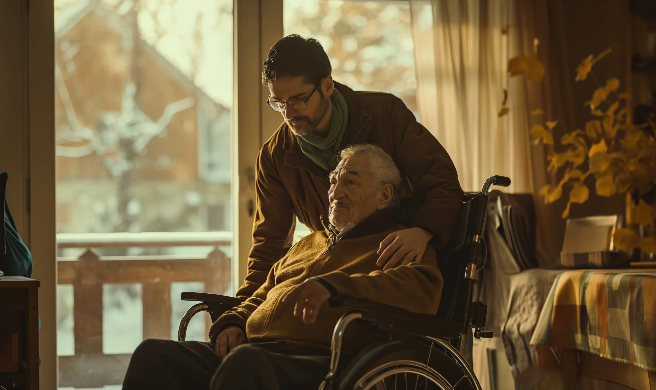 An adult son stands with a hand on his elderly father's shoulder as they look out through a sunlit window at home