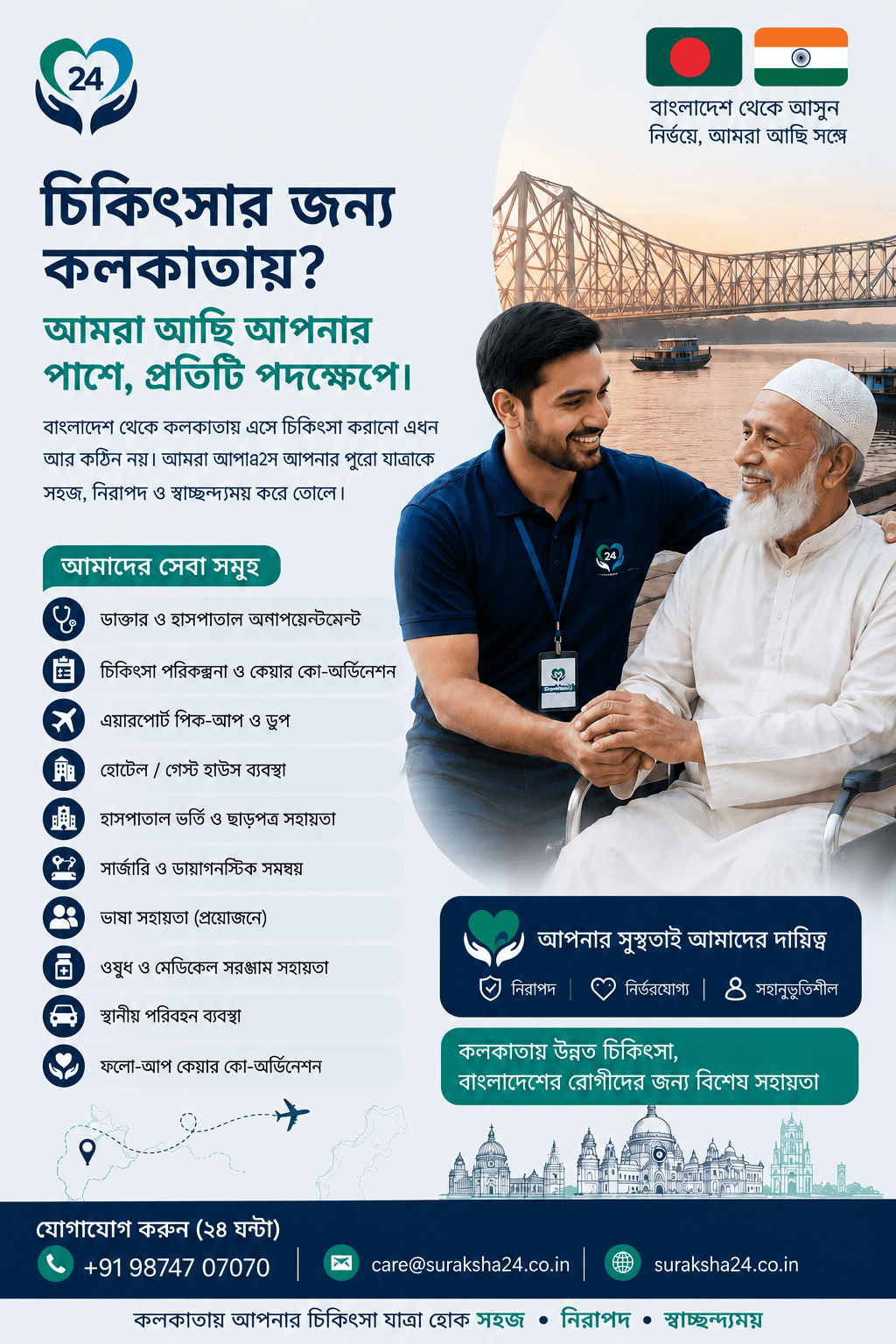 Suraksha24 patient information poster for Bangladeshi patients travelling to Kolkata for treatment — doctor & hospital appointments, treatment planning, airport pick-up, hotel arrangements, admission & discharge assistance, surgery & diagnostic coordination, language assistance, pharmacy & equipment support, local transportation, and follow-up care coordination