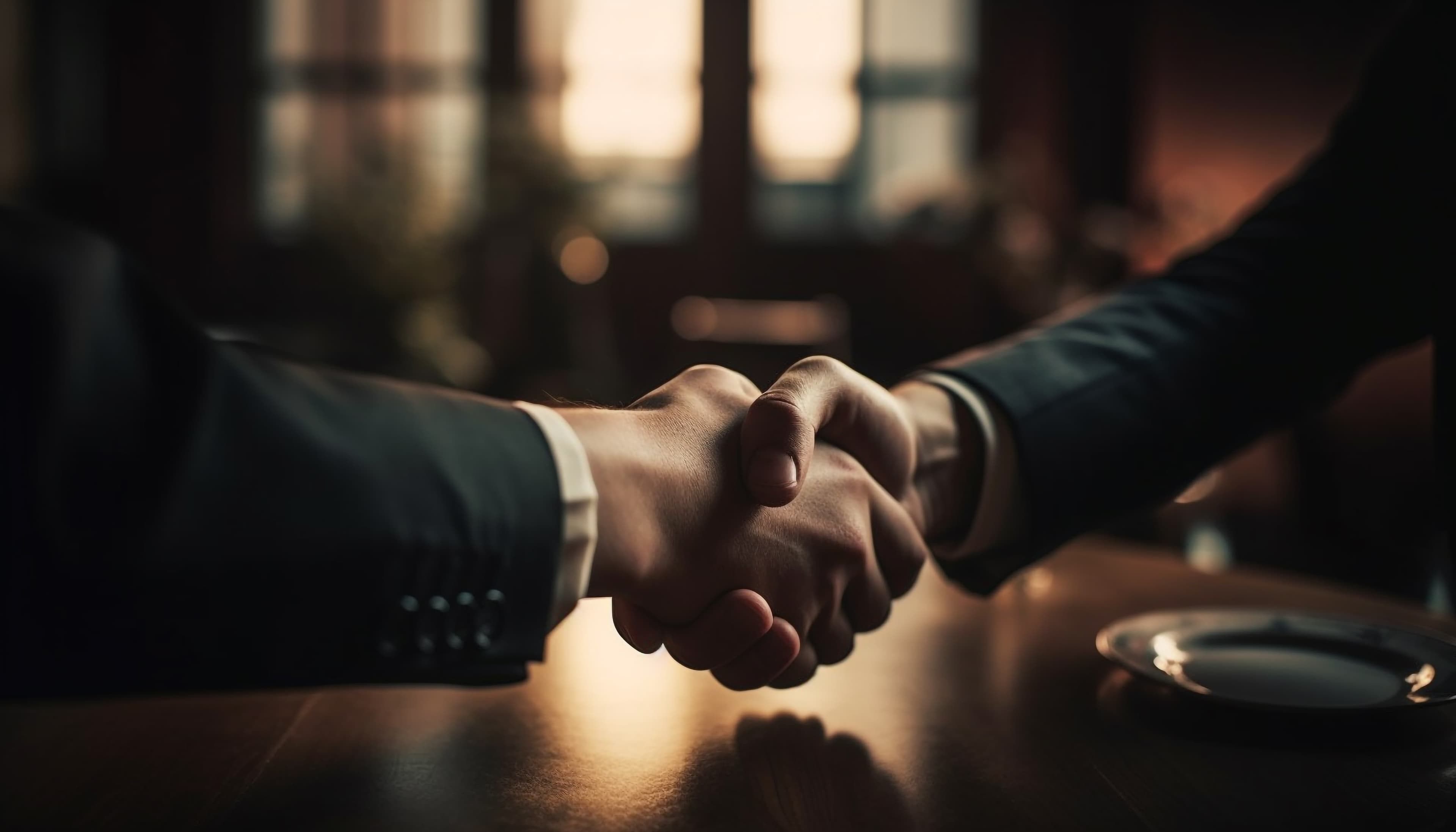 Close-up of two people shaking hands across a table, sealing a partnership agreement