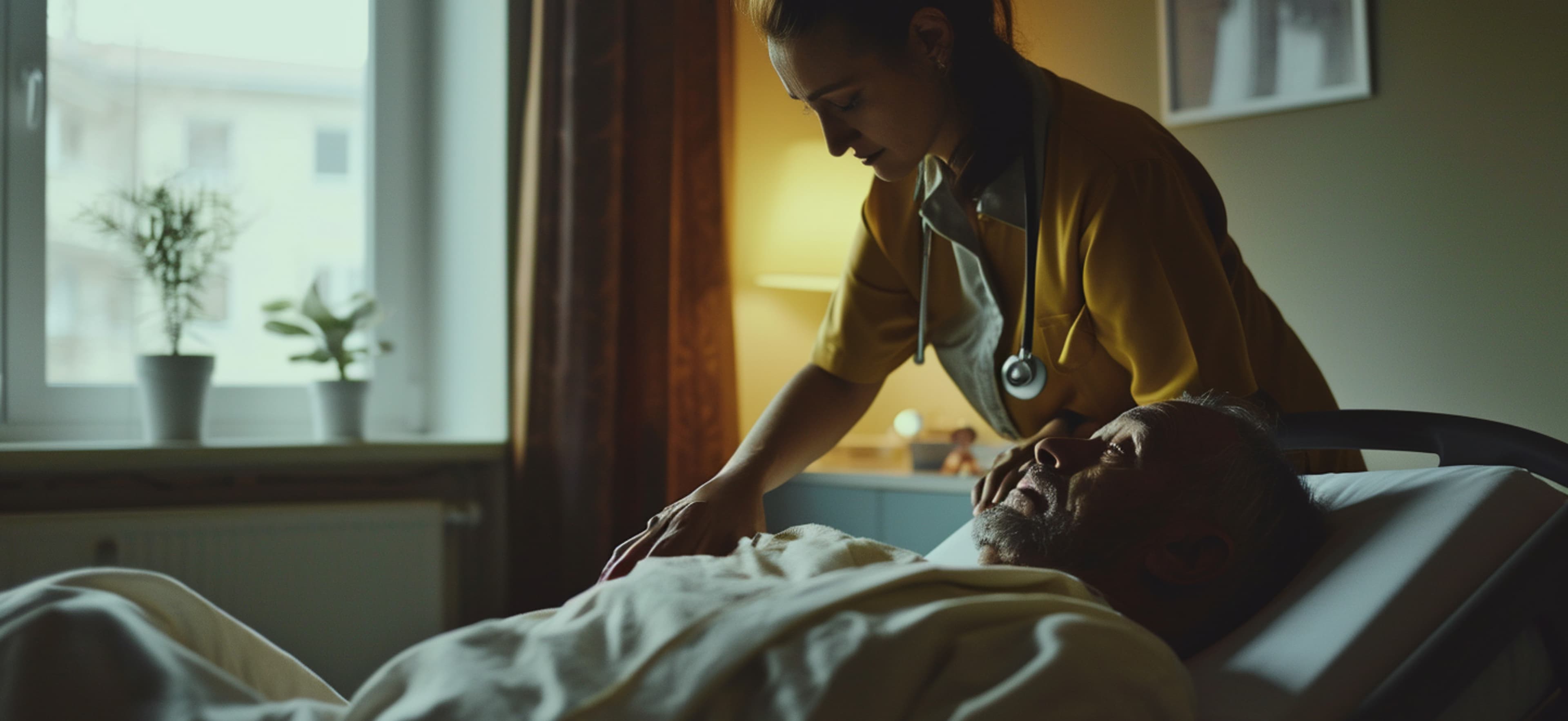 A nurse in scrubs gently checks on an elderly man resting in a hospital-style bed at home
